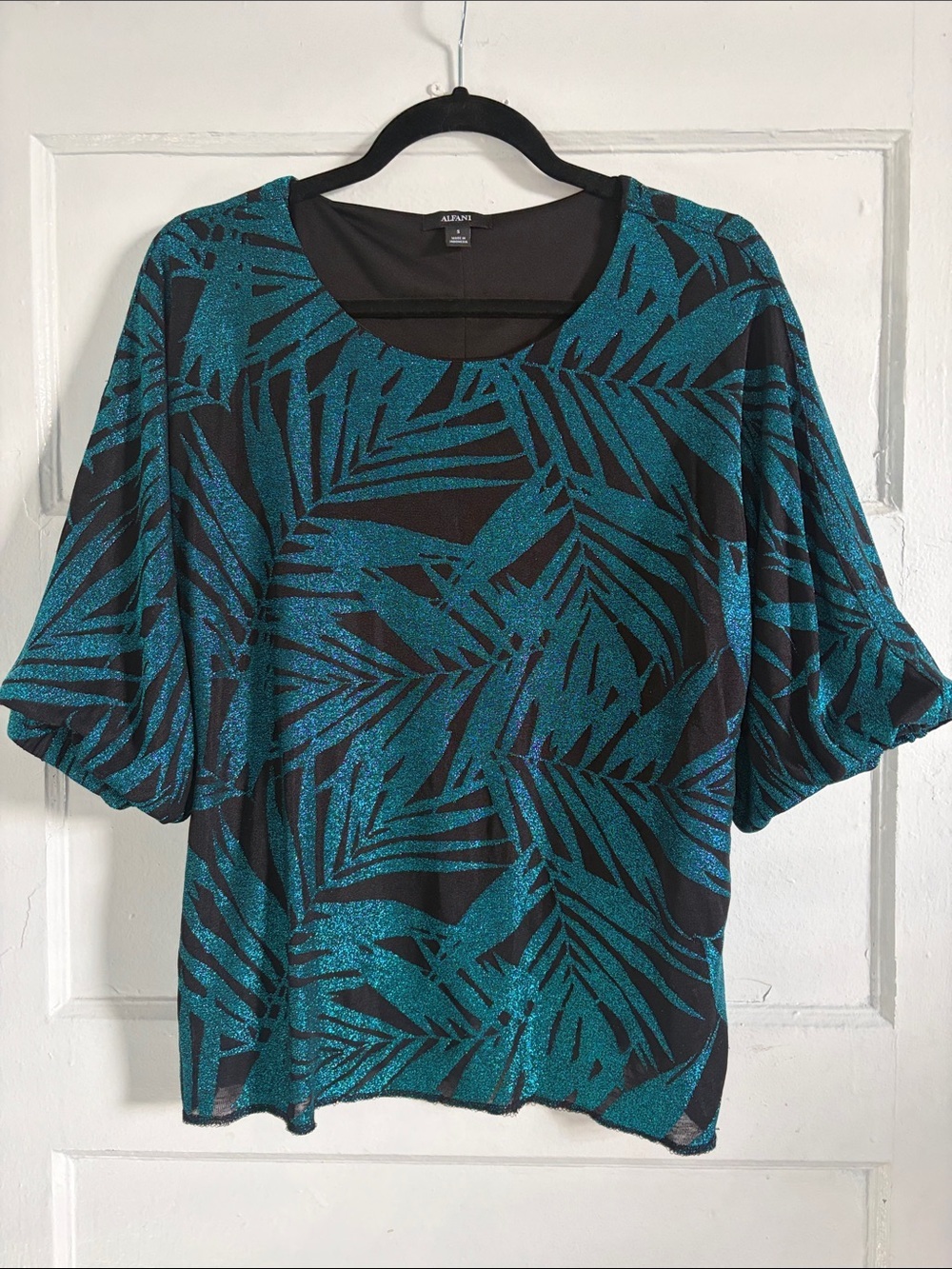Alfani Teal Palm-Print Glitter Knit Top